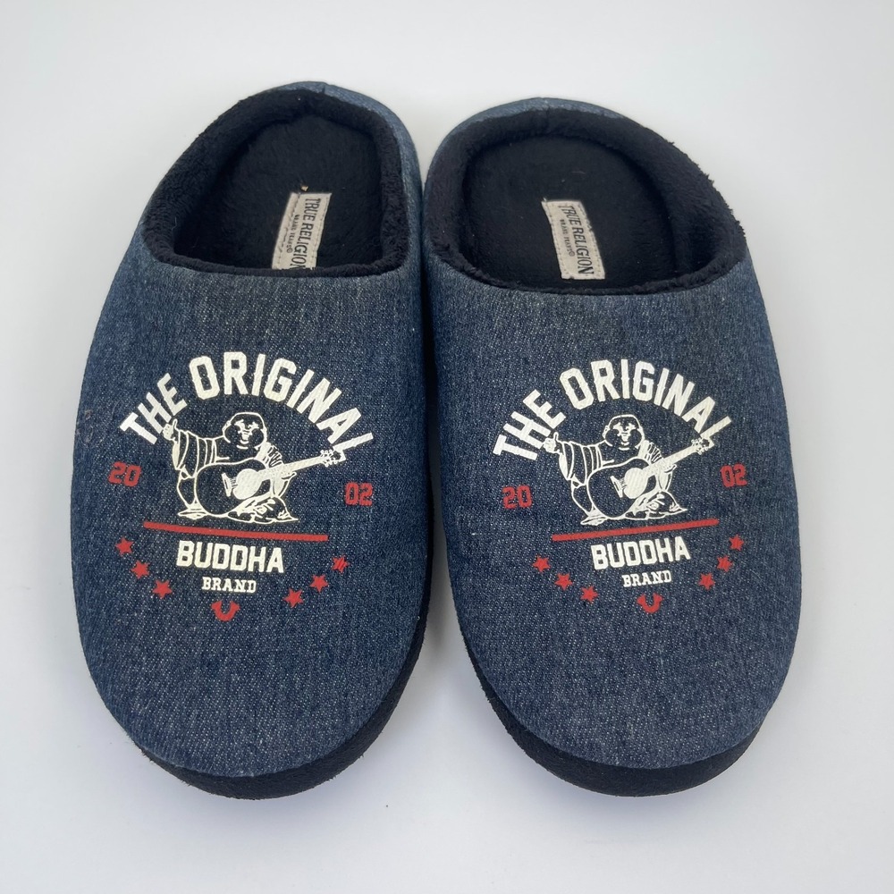 True Religion The Buddha Denim Slippers Men's Small (7-8) Blue Scuff Mules Shoes